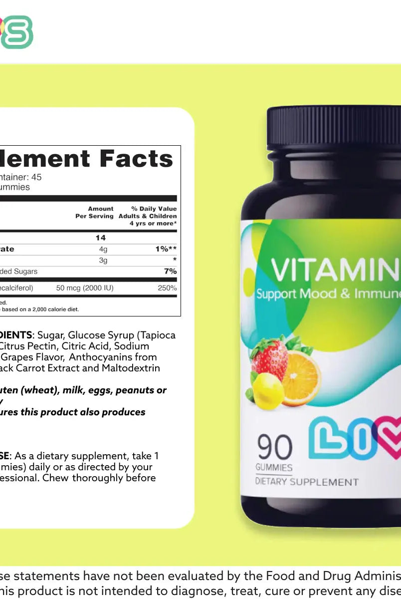 Livs Vitamin-D (2000IU) Orange, Lemon&Straw Flavor 90 Gummies My Store